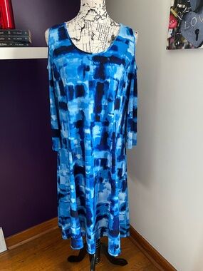 Susan Graver Cold Shoulder Blue Watercolor Dress